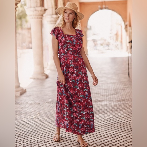 Garnet Hill Red Floral Ruffle Sleeve Maxi Dress - Picture 1 of 12
